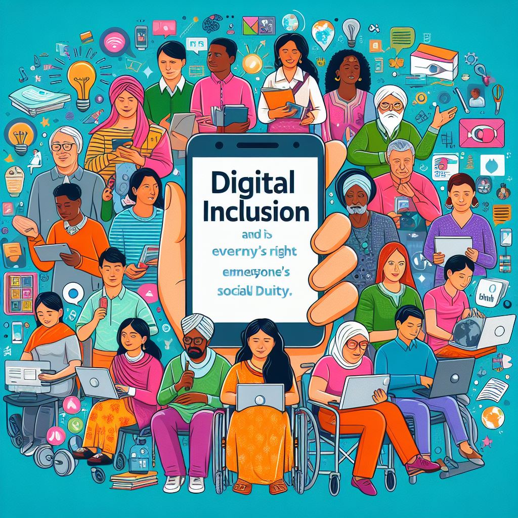 Imagem com pessoas de todas as etnias do mundo e deficiência conectadas a um dispositivo com acesso à internet 